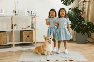 Duas meninas com vestidos azuis e estampados. Terceirização de vestidos infantis em lote grande, produção seriada.